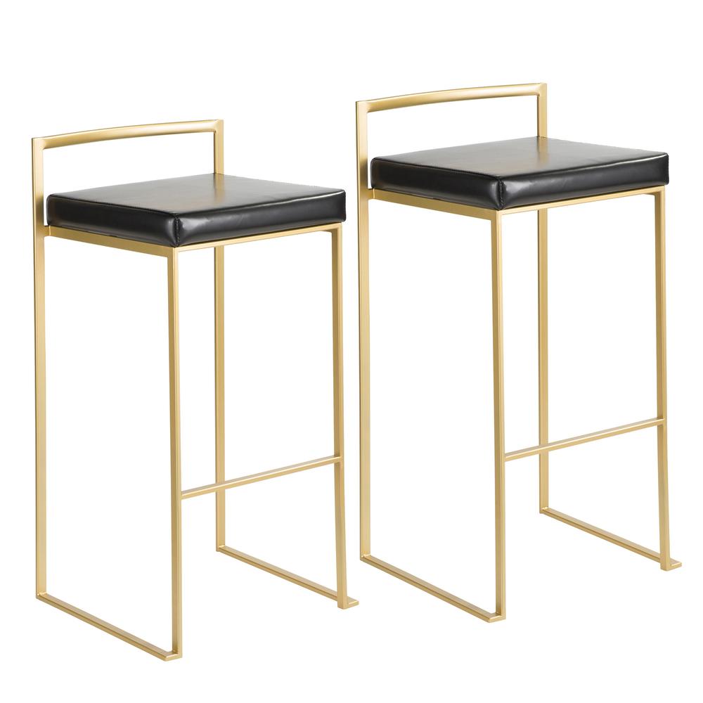 Fuji Contemporary-Glam Barstool in Gold with Black Faux Leather - Set of 2. Picture 1