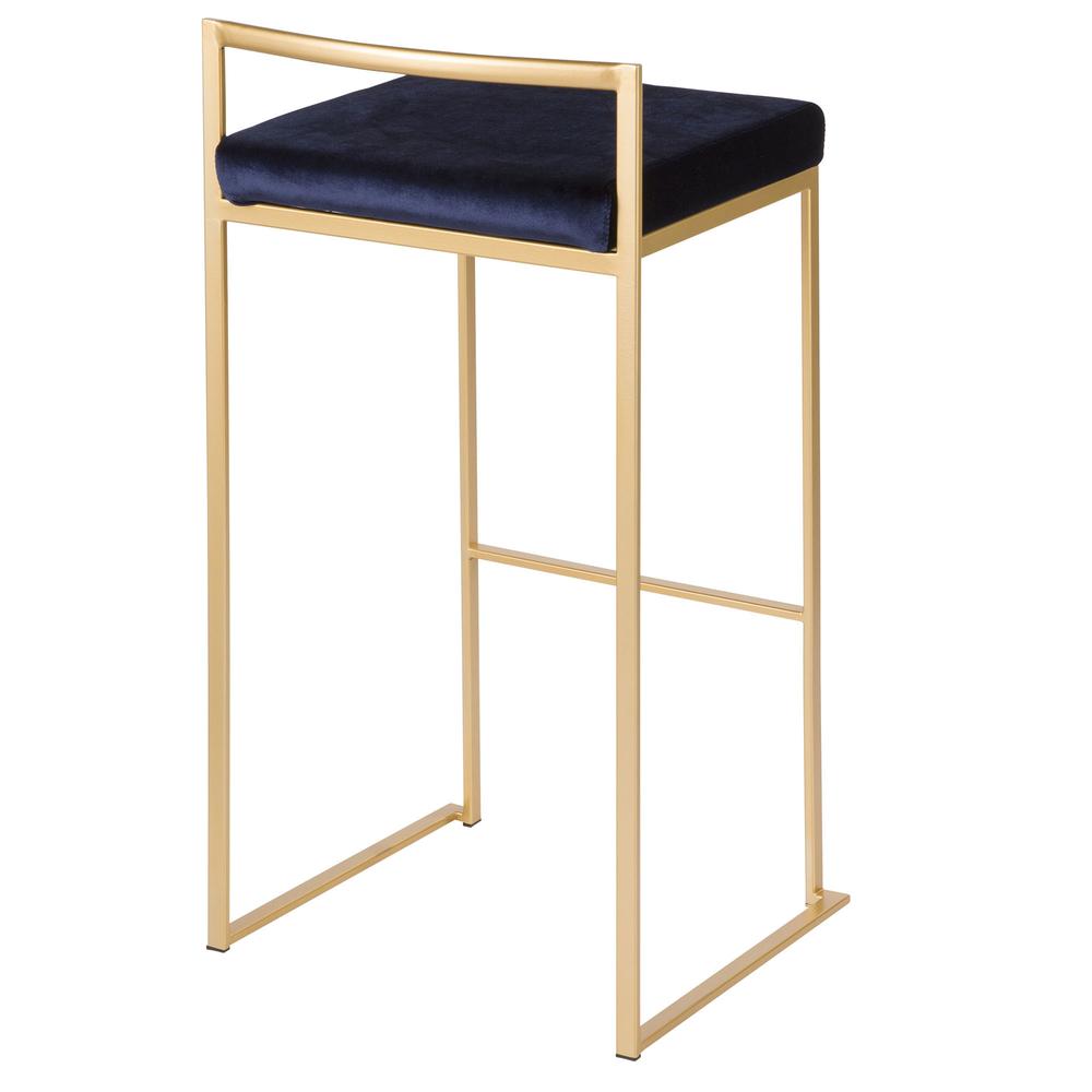 Fuji Contemporary-Glam Stackable Barstool in Gold with Blue Velvet Cushion - Set of 2. Picture 4