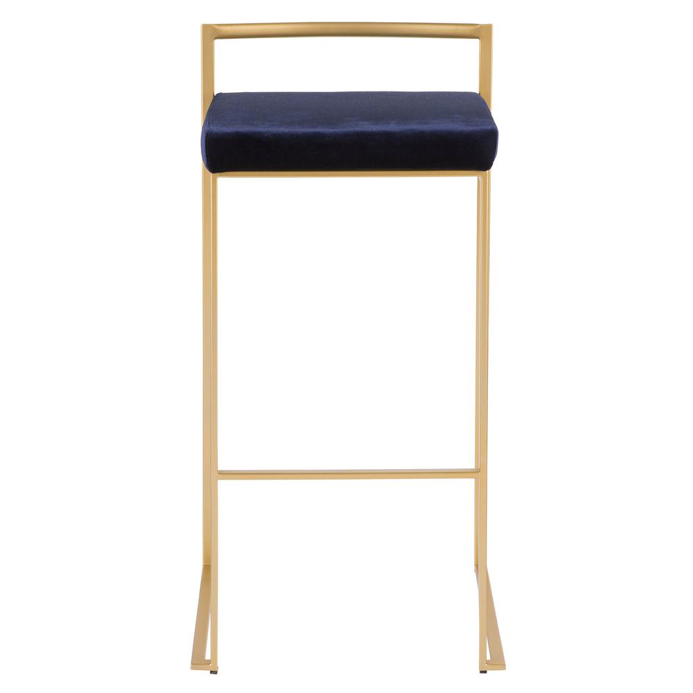 Fuji Contemporary-Glam Stackable Barstool in Gold with Blue Velvet Cushion - Set of 2. Picture 6