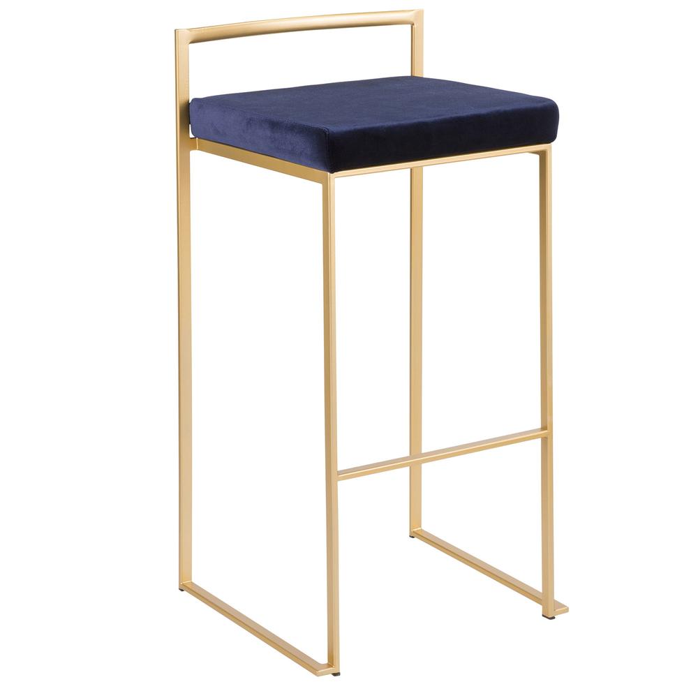 Fuji Contemporary-Glam Stackable Barstool in Gold with Blue Velvet Cushion - Set of 2. Picture 2