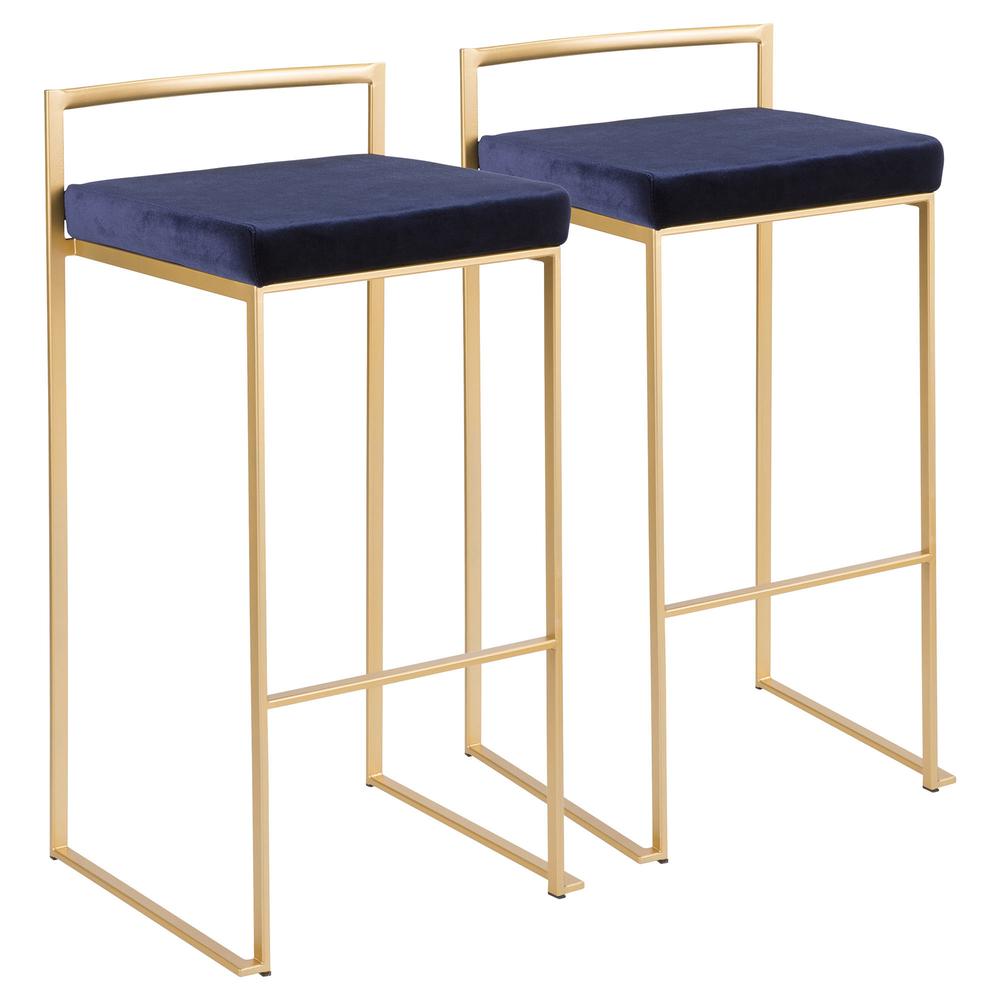 Fuji Contemporary-Glam Stackable Barstool in Gold with Blue Velvet Cushion - Set of 2. Picture 1
