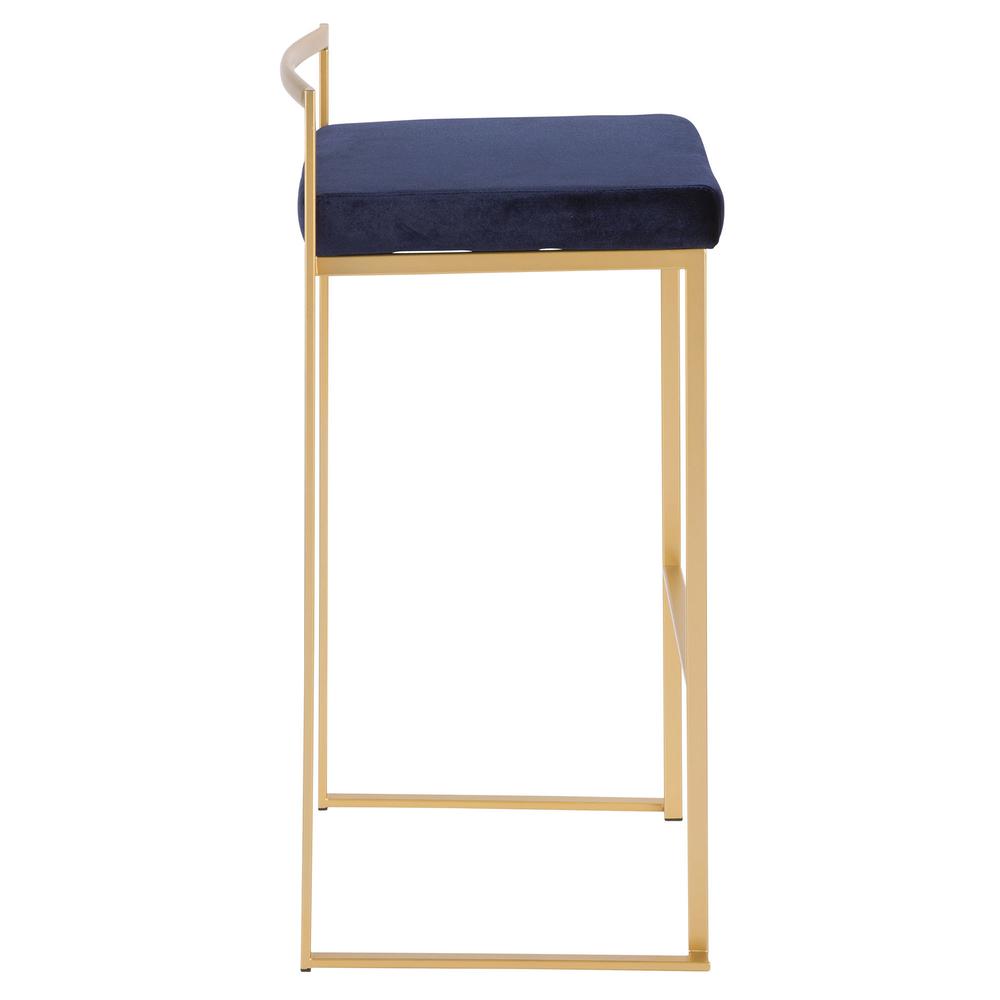 Fuji Contemporary-Glam Stackable Barstool in Gold with Blue Velvet Cushion - Set of 2. Picture 3