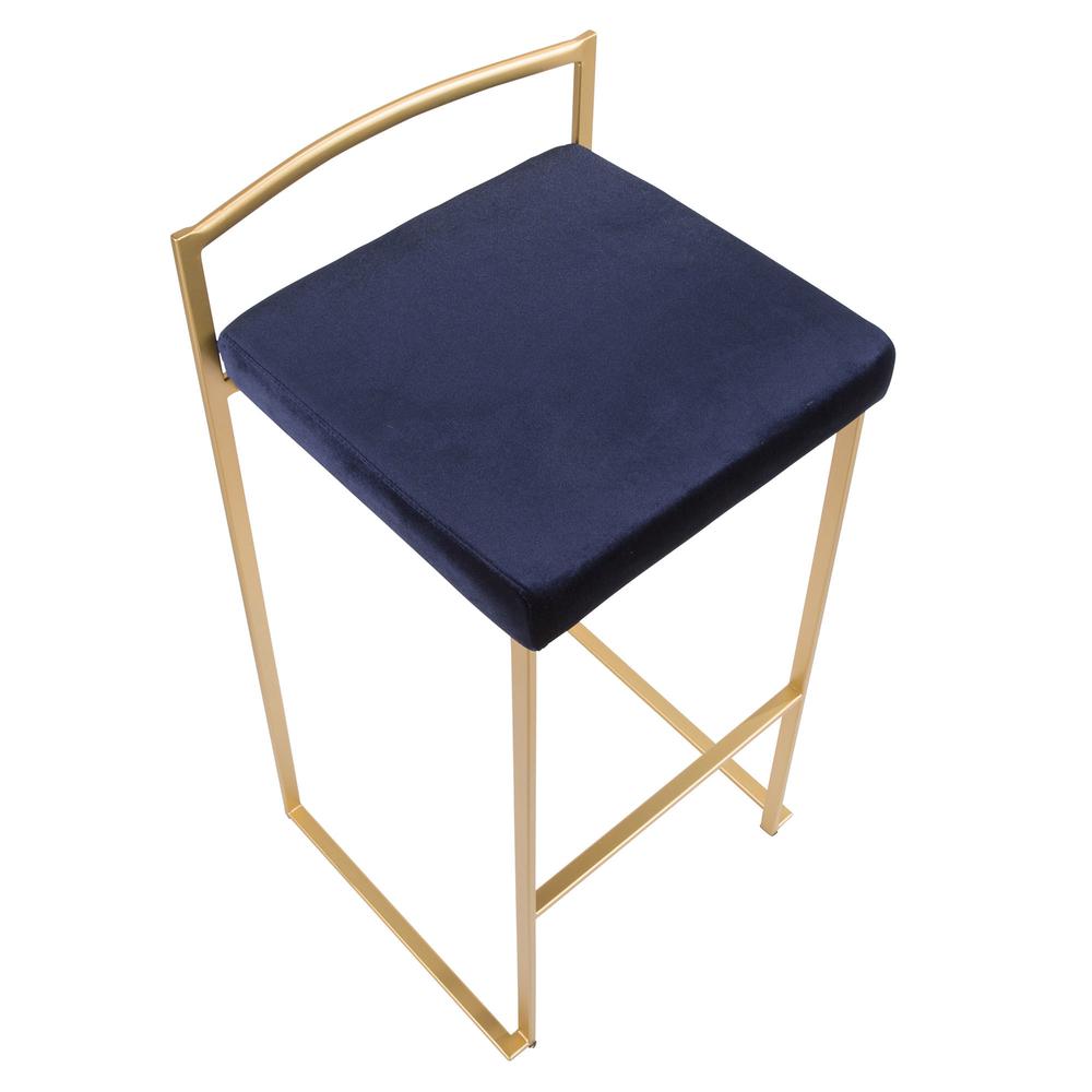 Fuji Contemporary-Glam Stackable Barstool in Gold with Blue Velvet Cushion - Set of 2. Picture 7