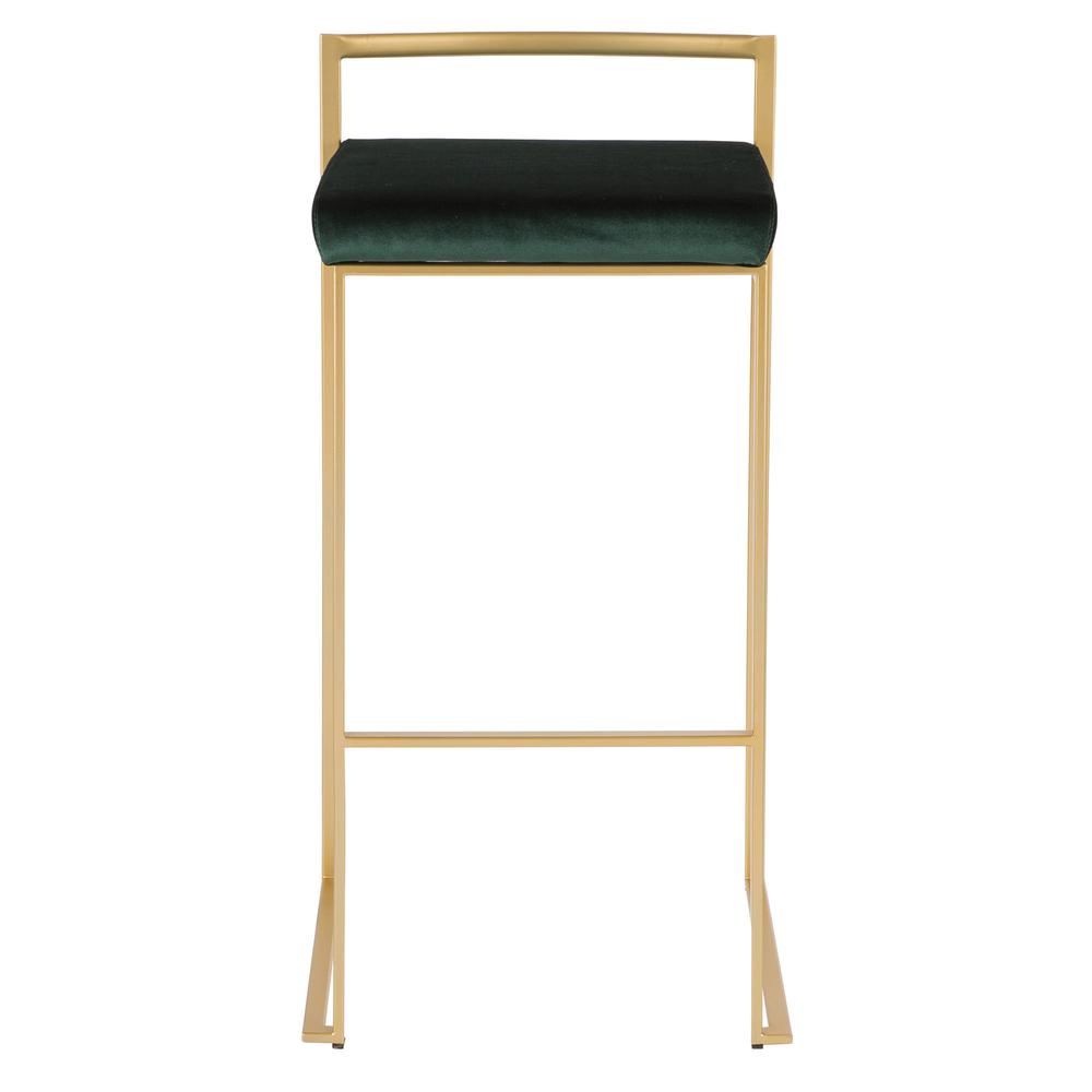Fuji Contemporary-Glam Stackable Barstool in Gold with Green Velvet Cushion - Set of 2. Picture 6
