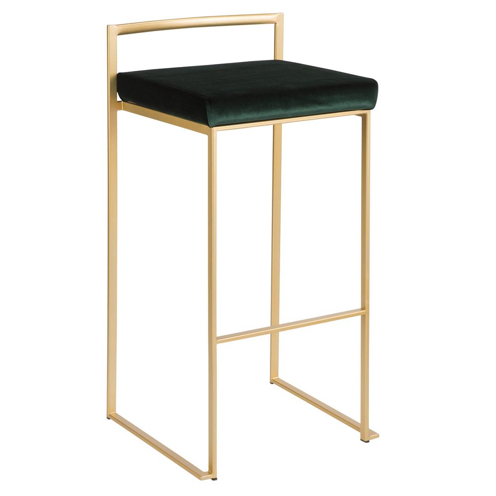 Fuji Contemporary-Glam Stackable Barstool in Gold with Green Velvet Cushion - Set of 2. Picture 2