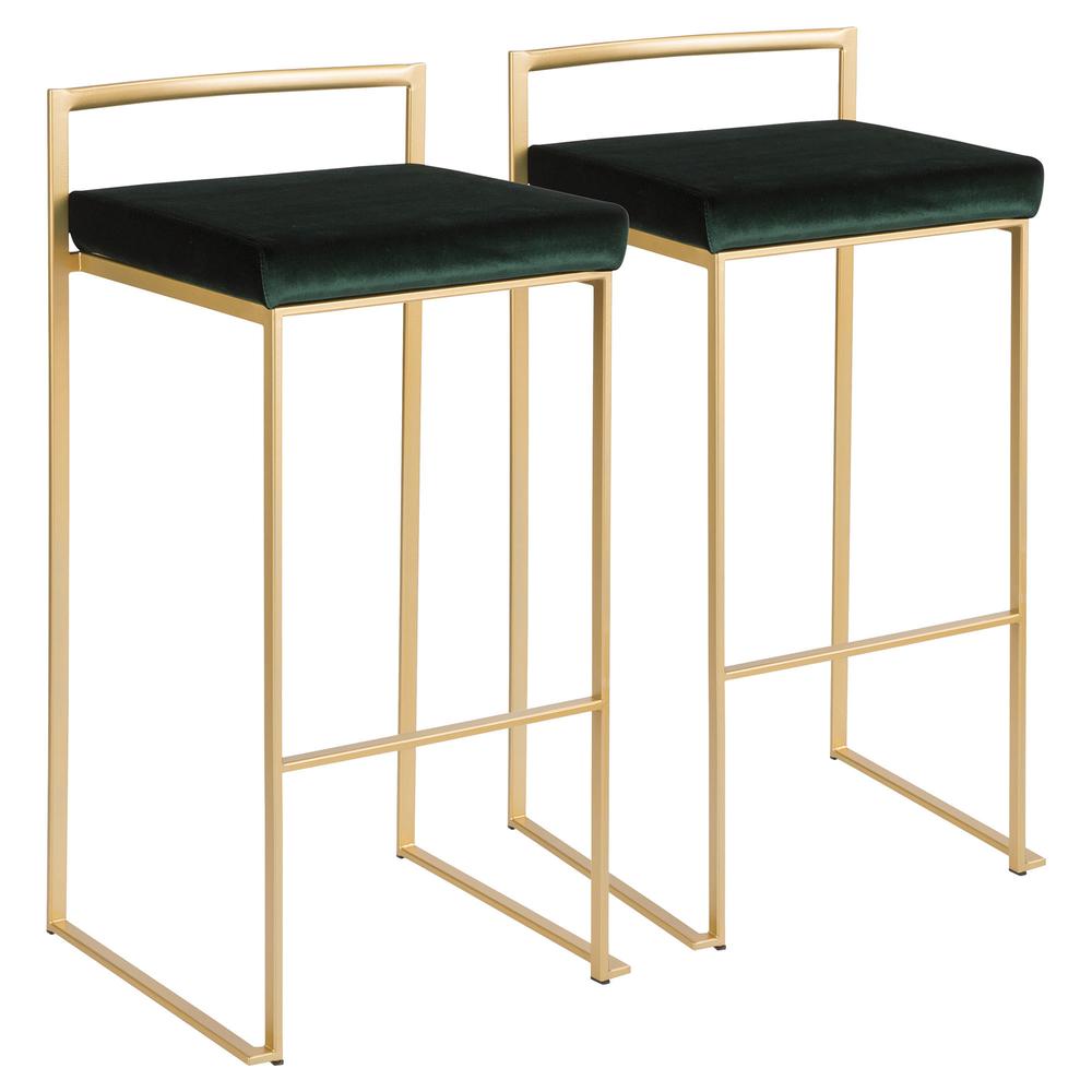 Fuji Contemporary-Glam Stackable Barstool in Gold with Green Velvet Cushion - Set of 2. Picture 1