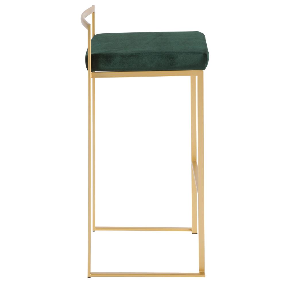 Fuji Contemporary-Glam Stackable Barstool in Gold with Green Velvet Cushion - Set of 2. Picture 3