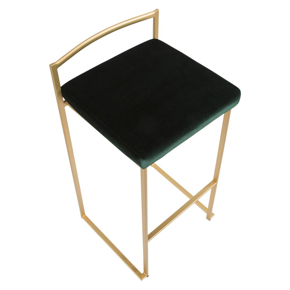 Fuji Contemporary-Glam Stackable Barstool in Gold with Green Velvet Cushion - Set of 2. Picture 7