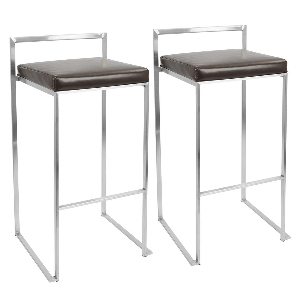 Fuji Contemporary Stackable Barstool with Brown Faux Leather - Set of 2. Picture 1