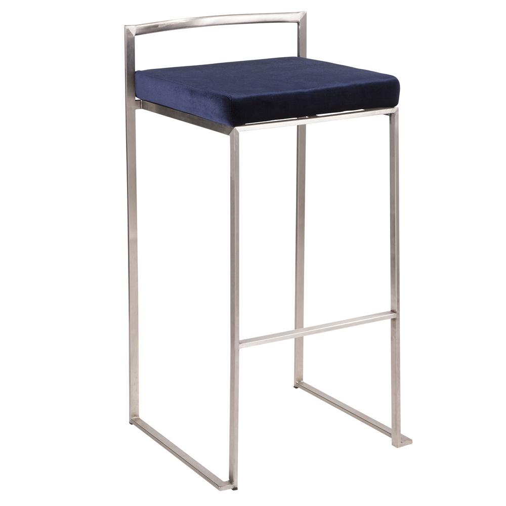 Fuji Contemporary Stackable Barstool in Stainless Steel with Blue Velvet Cushion - Set of 2. Picture 2