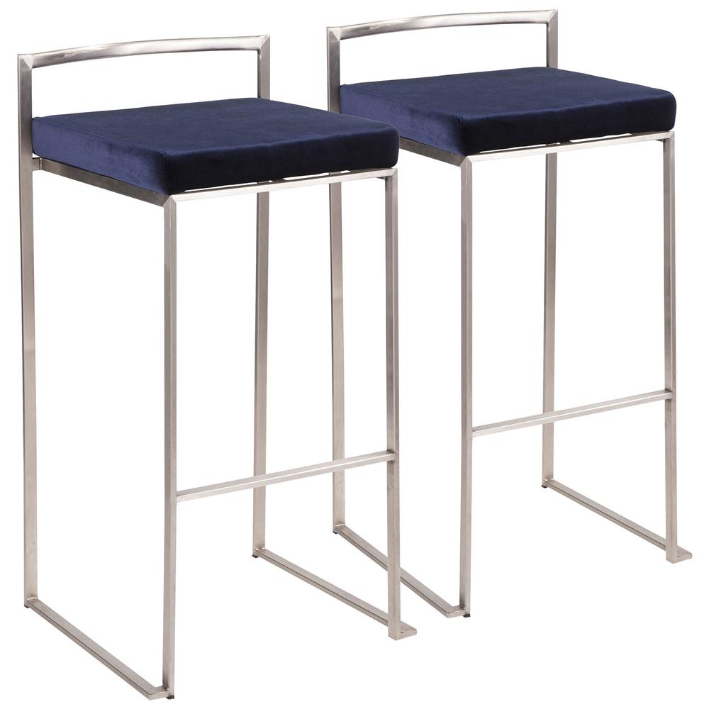 Fuji Contemporary Stackable Barstool in Stainless Steel with Blue Velvet Cushion - Set of 2. Picture 1