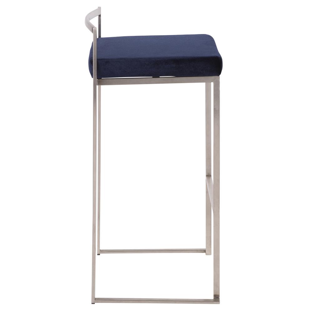 Fuji Contemporary Stackable Barstool in Stainless Steel with Blue Velvet Cushion - Set of 2. Picture 3