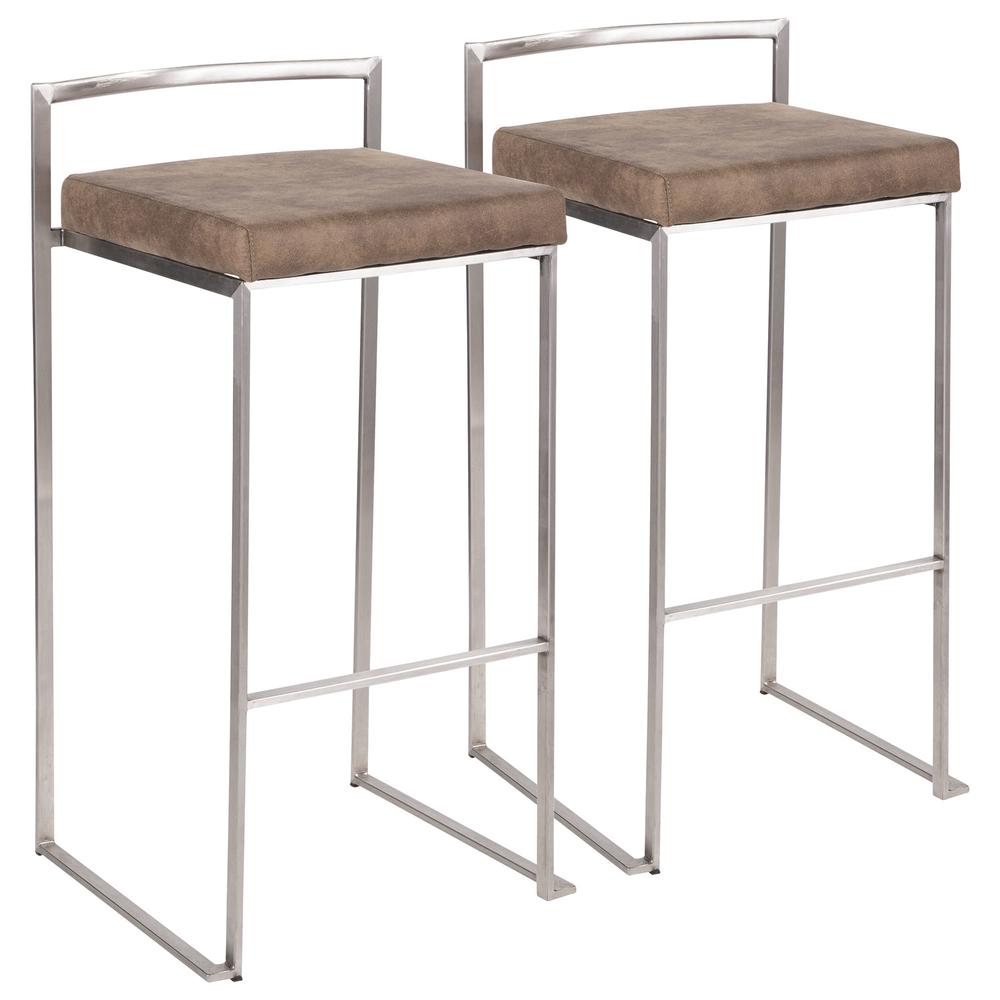 Fuji Contemporary Stackable Barstool in Stainless Steel with Brown Cowboy Fabric Cushion - Set of 2. Picture 1