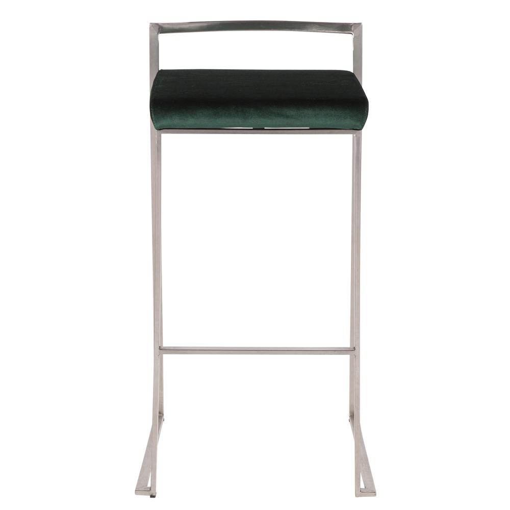 Fuji Contemporary Stackable Barstool in Stainless Steel with Green Velvet Cushion - Set of 2. Picture 6