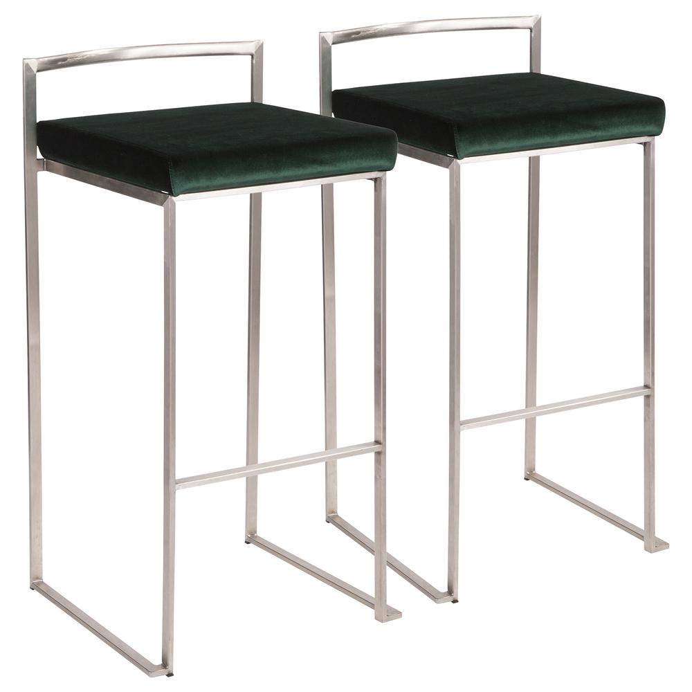 Fuji Contemporary Stackable Barstool in Stainless Steel with Green Velvet Cushion - Set of 2. Picture 1