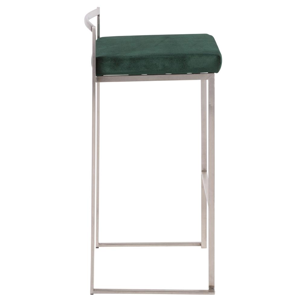 Fuji Contemporary Stackable Barstool in Stainless Steel with Green Velvet Cushion - Set of 2. Picture 3