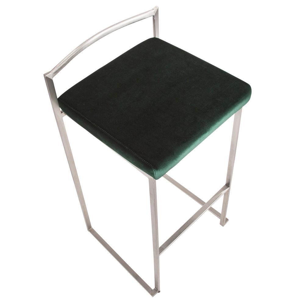 Fuji Contemporary Stackable Barstool in Stainless Steel with Green Velvet Cushion - Set of 2. Picture 7
