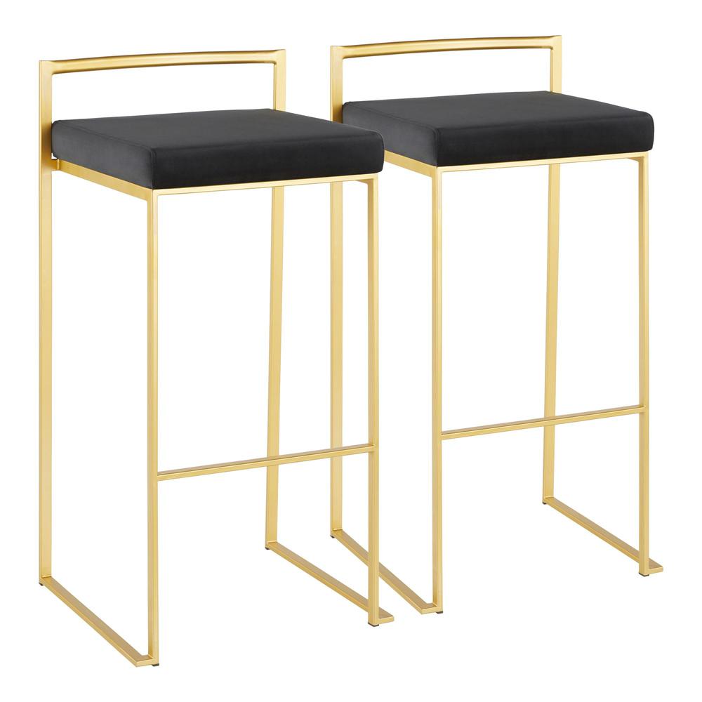 Fuji Contemporary Barstool in Gold with Black Velvet Cushion - Set of 2. Picture 1