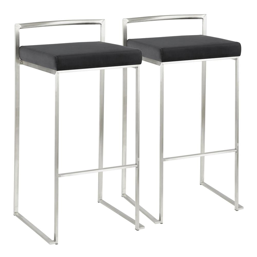 Fuji Contemporary Stackable Barstool in Stainless Steel with Black Velvet Cushion - Set of 2. Picture 1