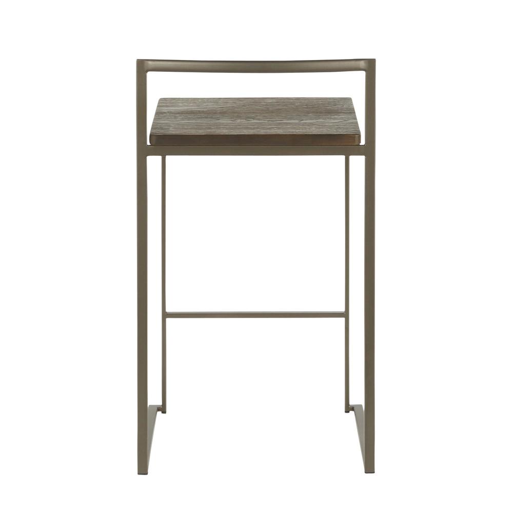 Fuji Industrial Stackable Counter Stool in Antique with an Espresso Wood-Pressed Grain Bamboo Seat - Set of 2. Picture 5