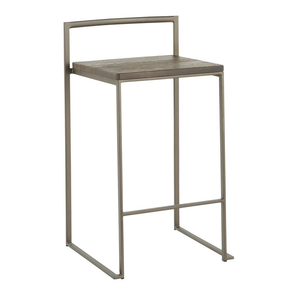 Fuji Industrial Stackable Counter Stool in Antique with an Espresso Wood-Pressed Grain Bamboo Seat - Set of 2. Picture 2