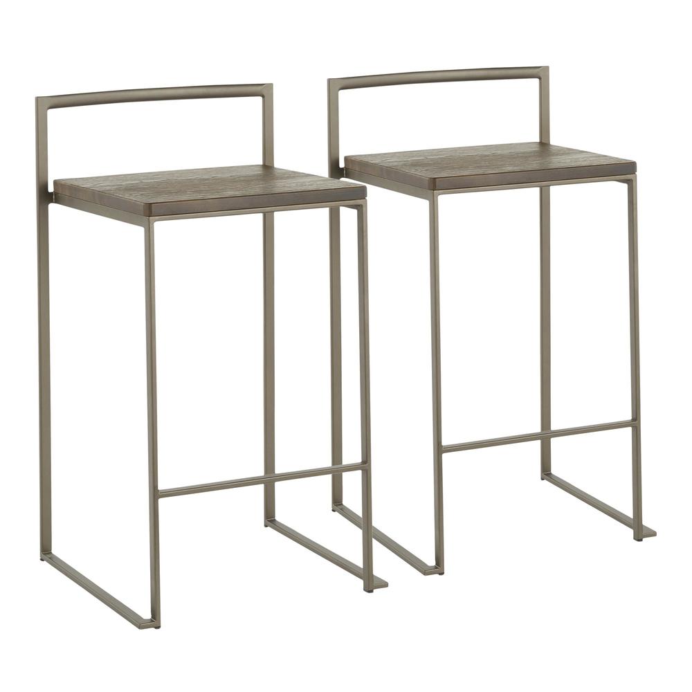 Fuji Industrial Stackable Counter Stool in Antique with an Espresso Wood-Pressed Grain Bamboo Seat - Set of 2. Picture 1