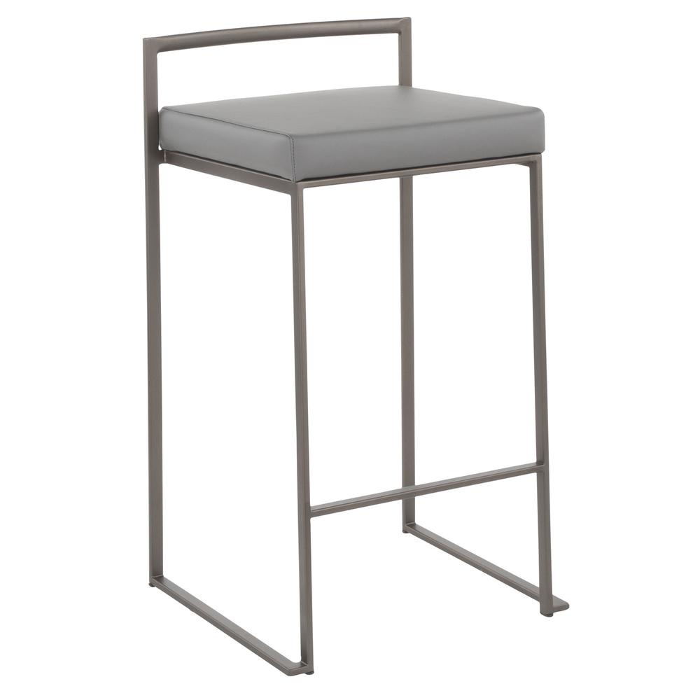 Fuji Industrial Stackable Counter Stool in Antique with Grey Faux Leather Cushion - Set of 2. Picture 2