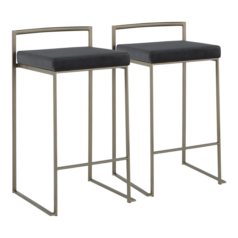 Fuji Industrial Stackable Counter Stool in Antique with Black Velvet Cushion - Set of 2. Picture 1