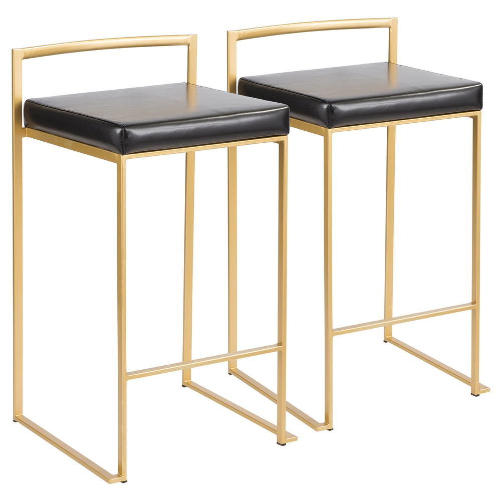 Fuji Contemporary-Glam Counter Stool in Gold with Black Faux Leather - Set of 2. Picture 1