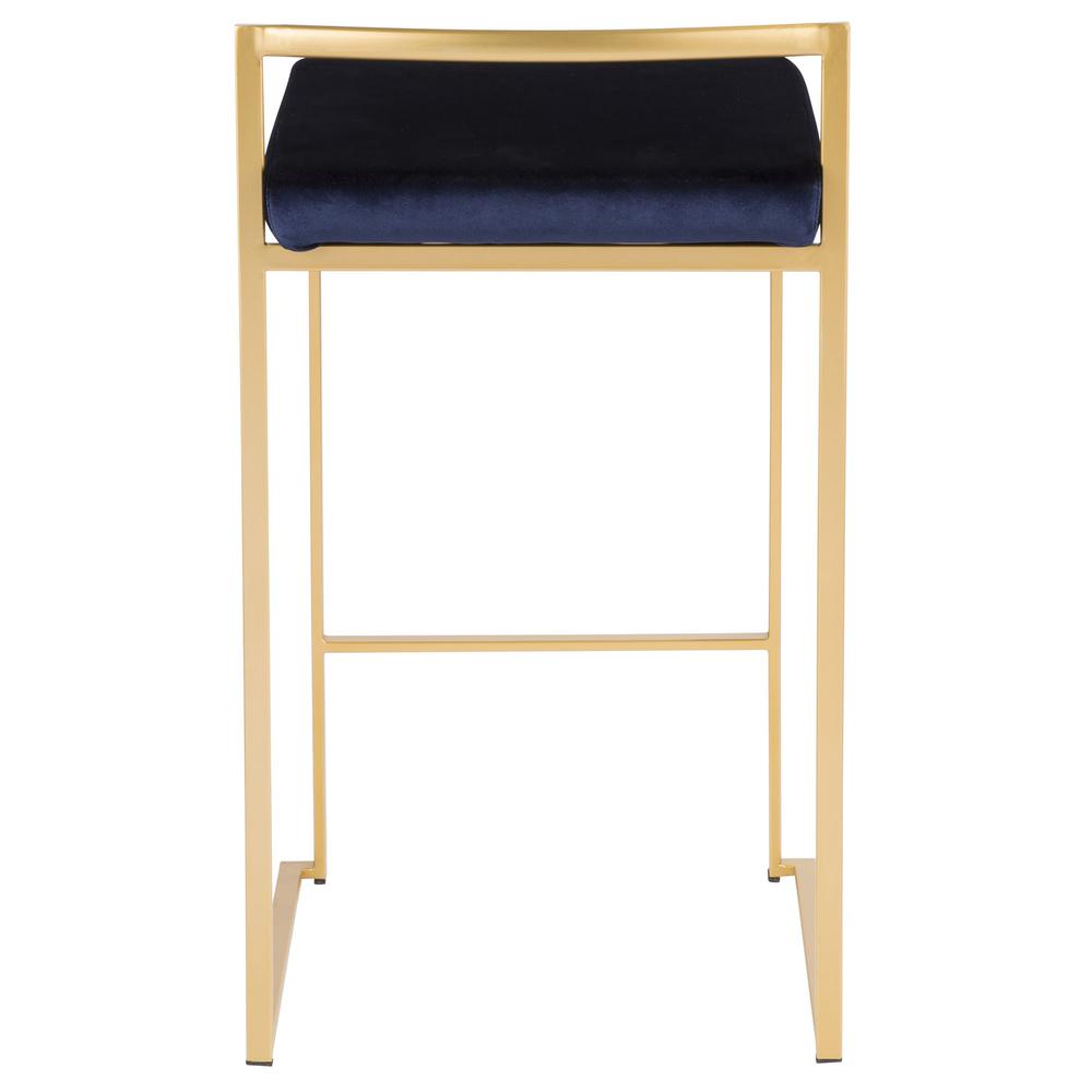 Fuji Contemporary-Glam Stackable Counter Stool in Gold with Blue Velvet Cushion - Set of 2. Picture 5