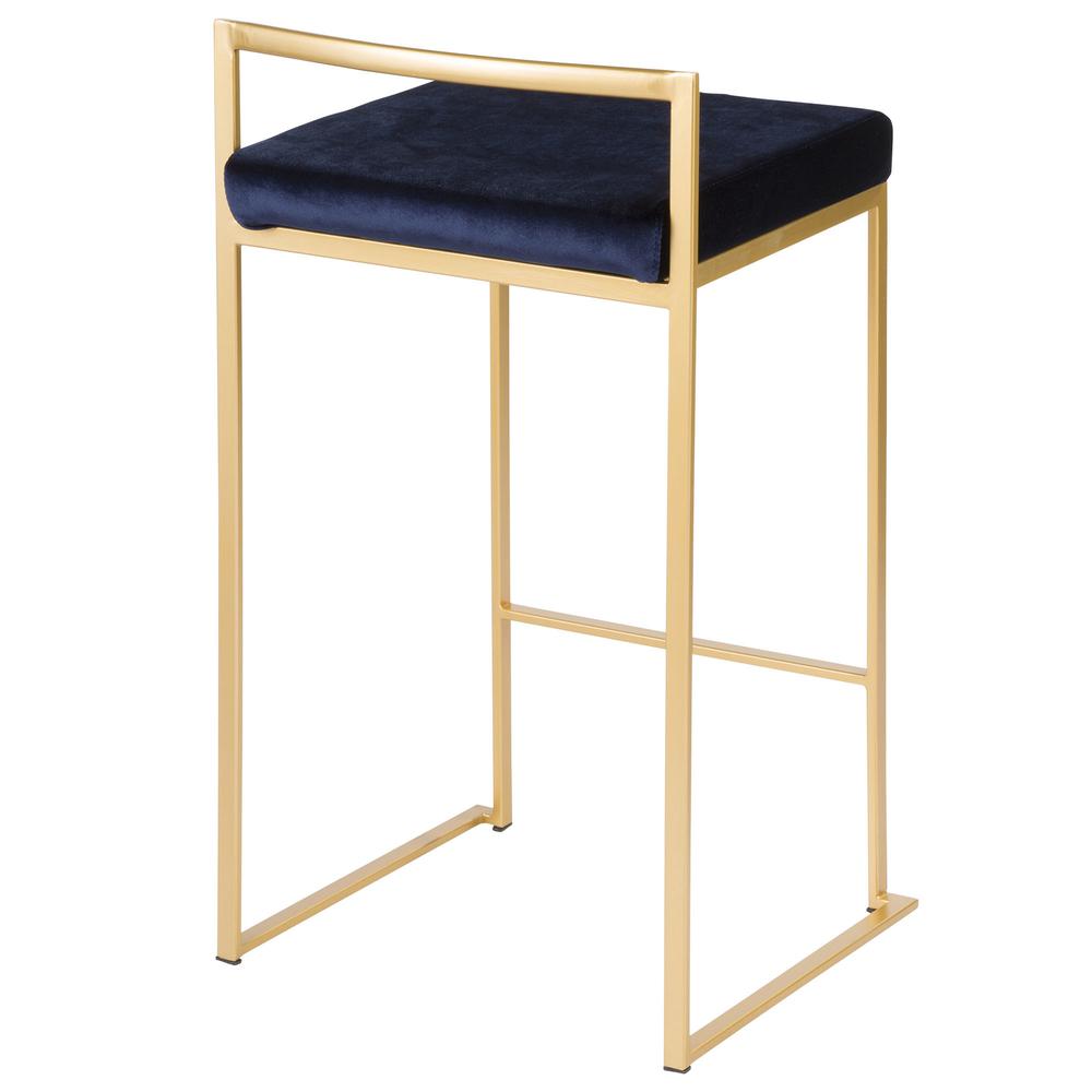 Fuji Contemporary-Glam Stackable Counter Stool in Gold with Blue Velvet Cushion - Set of 2. Picture 4