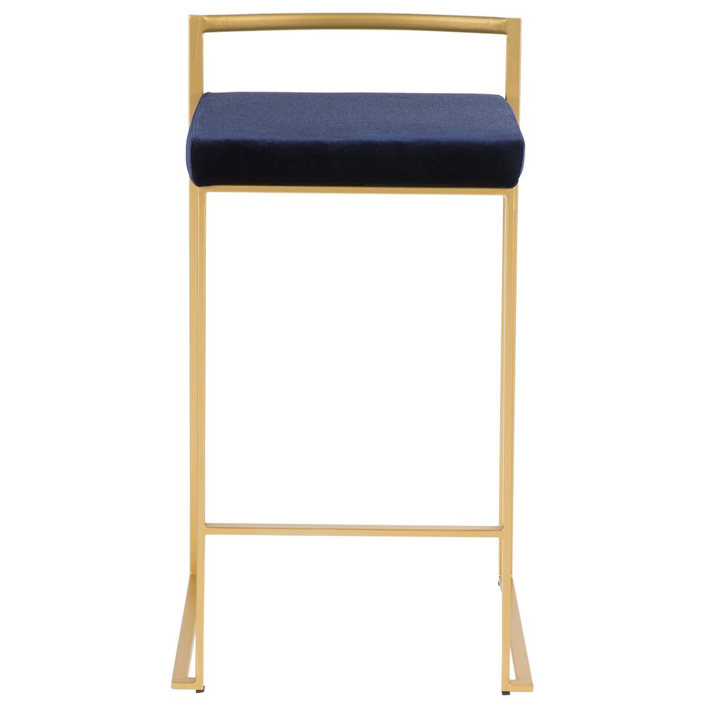 Fuji Contemporary-Glam Stackable Counter Stool in Gold with Blue Velvet Cushion - Set of 2. Picture 6