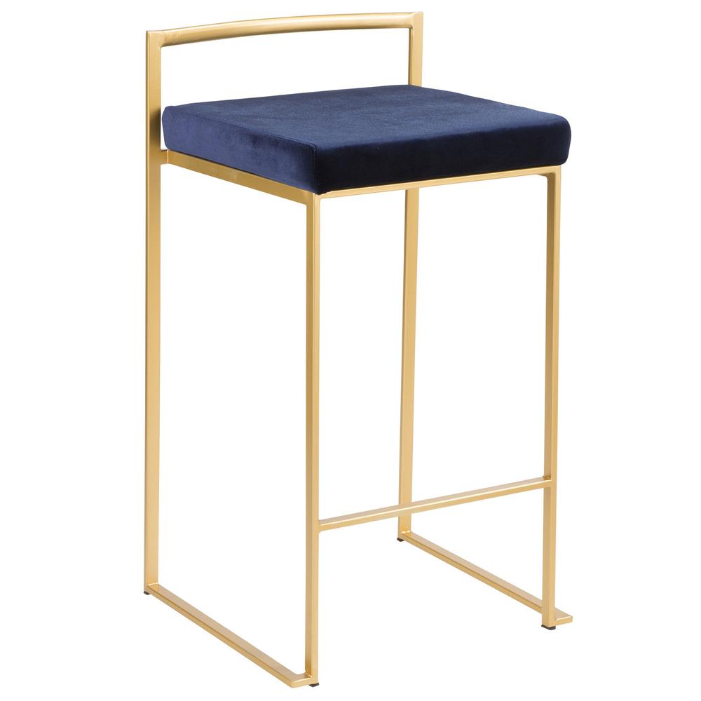 Fuji Contemporary-Glam Stackable Counter Stool in Gold with Blue Velvet Cushion - Set of 2. Picture 2