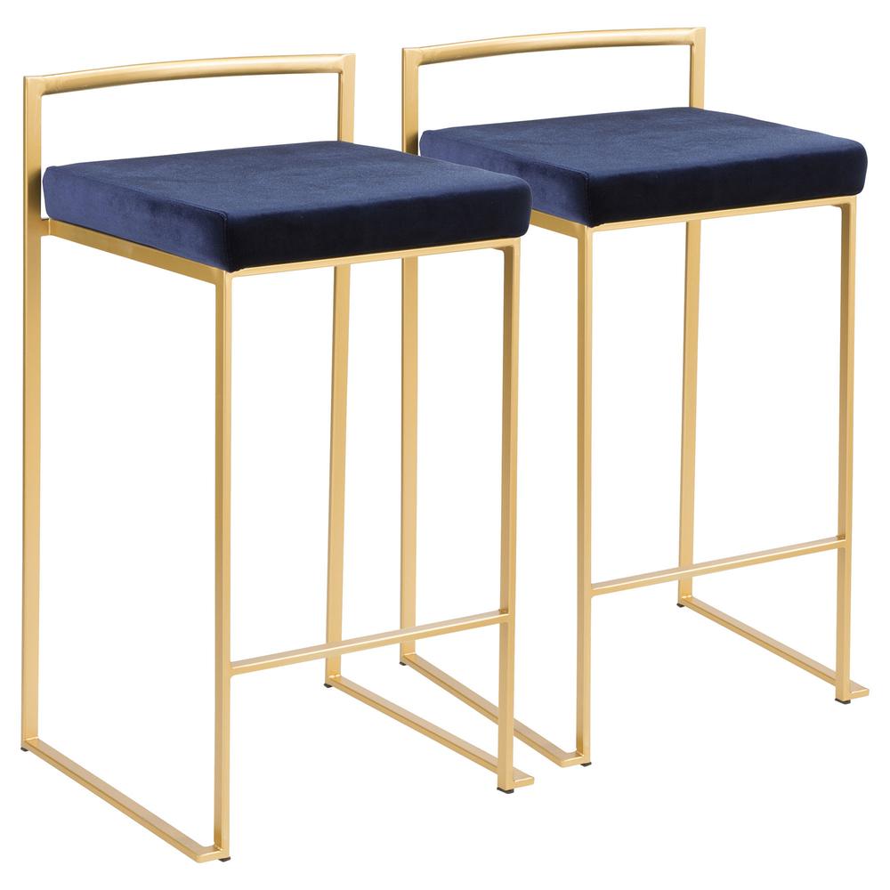 Fuji Contemporary-Glam Stackable Counter Stool in Gold with Blue Velvet Cushion - Set of 2. Picture 1
