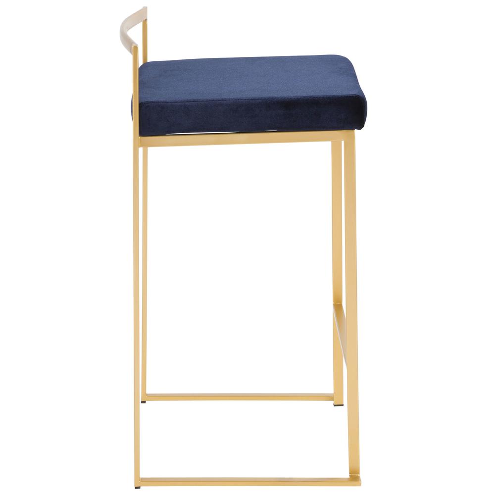Fuji Contemporary-Glam Stackable Counter Stool in Gold with Blue Velvet Cushion - Set of 2. Picture 3