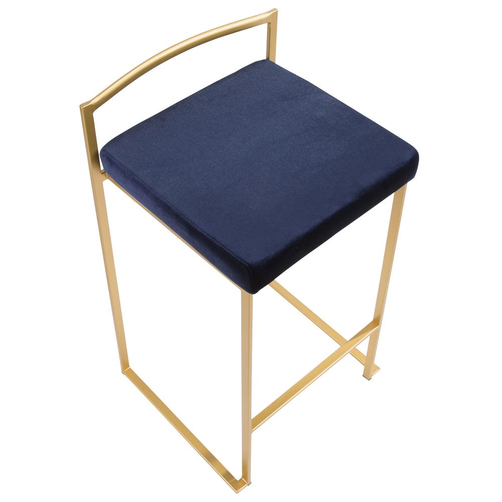 Fuji Contemporary-Glam Stackable Counter Stool in Gold with Blue Velvet Cushion - Set of 2. Picture 7