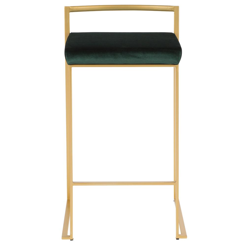 Fuji Contemporary-Glam Stackable Counter Stool in Gold with Green Velvet Cushion - Set of 2. Picture 6