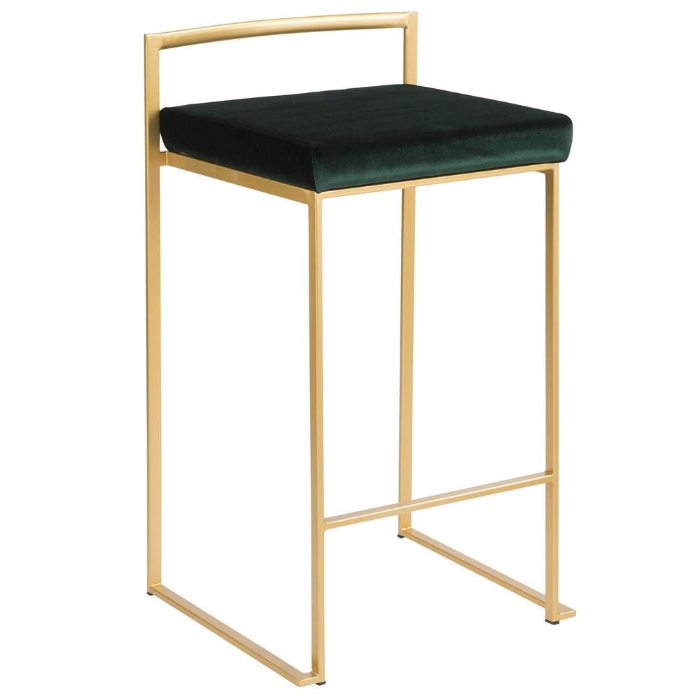 Fuji Contemporary-Glam Stackable Counter Stool in Gold with Green Velvet Cushion - Set of 2. Picture 2