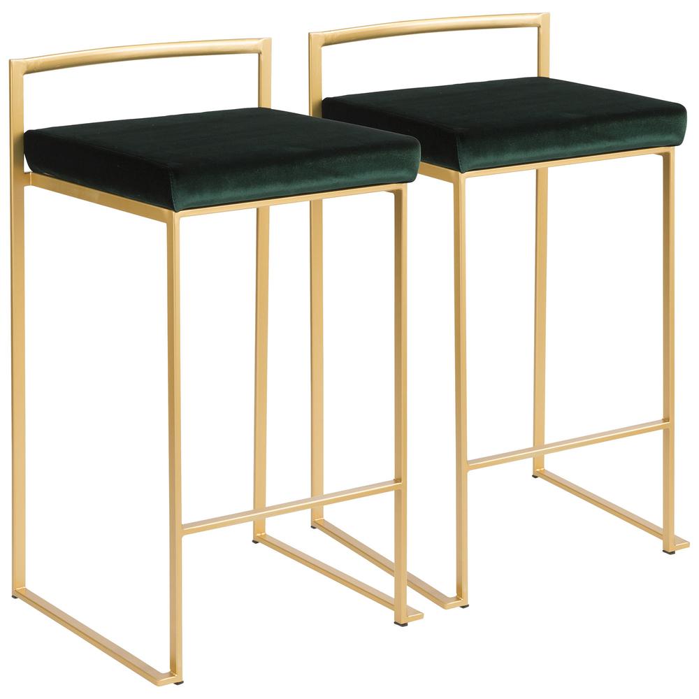 Fuji Contemporary-Glam Stackable Counter Stool in Gold with Green Velvet Cushion - Set of 2. Picture 1
