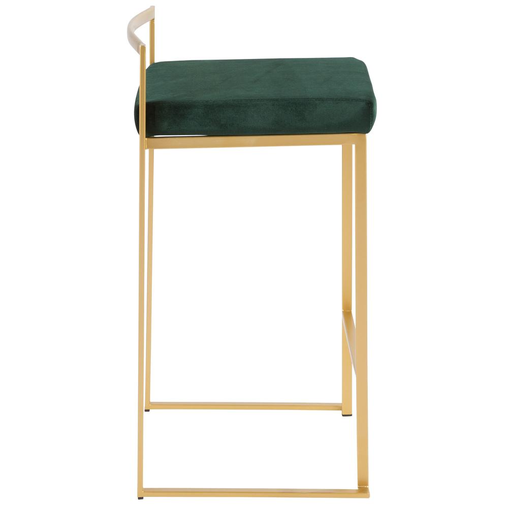 Fuji Contemporary-Glam Stackable Counter Stool in Gold with Green Velvet Cushion - Set of 2. Picture 3