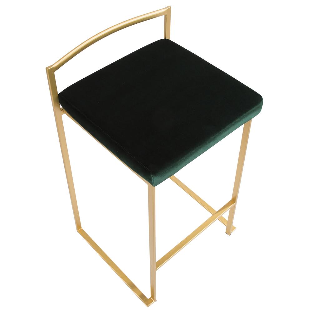 Fuji Contemporary-Glam Stackable Counter Stool in Gold with Green Velvet Cushion - Set of 2. Picture 7