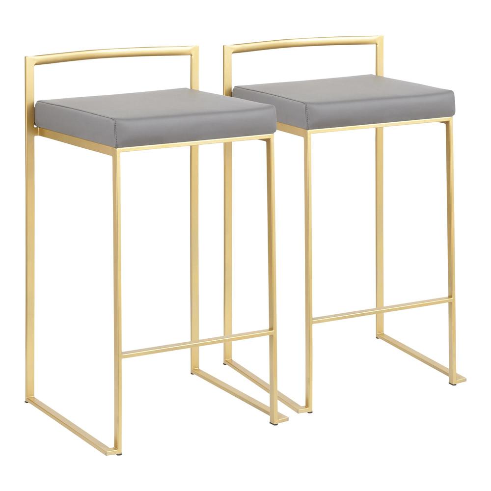 Fuji Contemporary Counter Stool in Gold with Grey Faux Leather - Set of 2. Picture 1