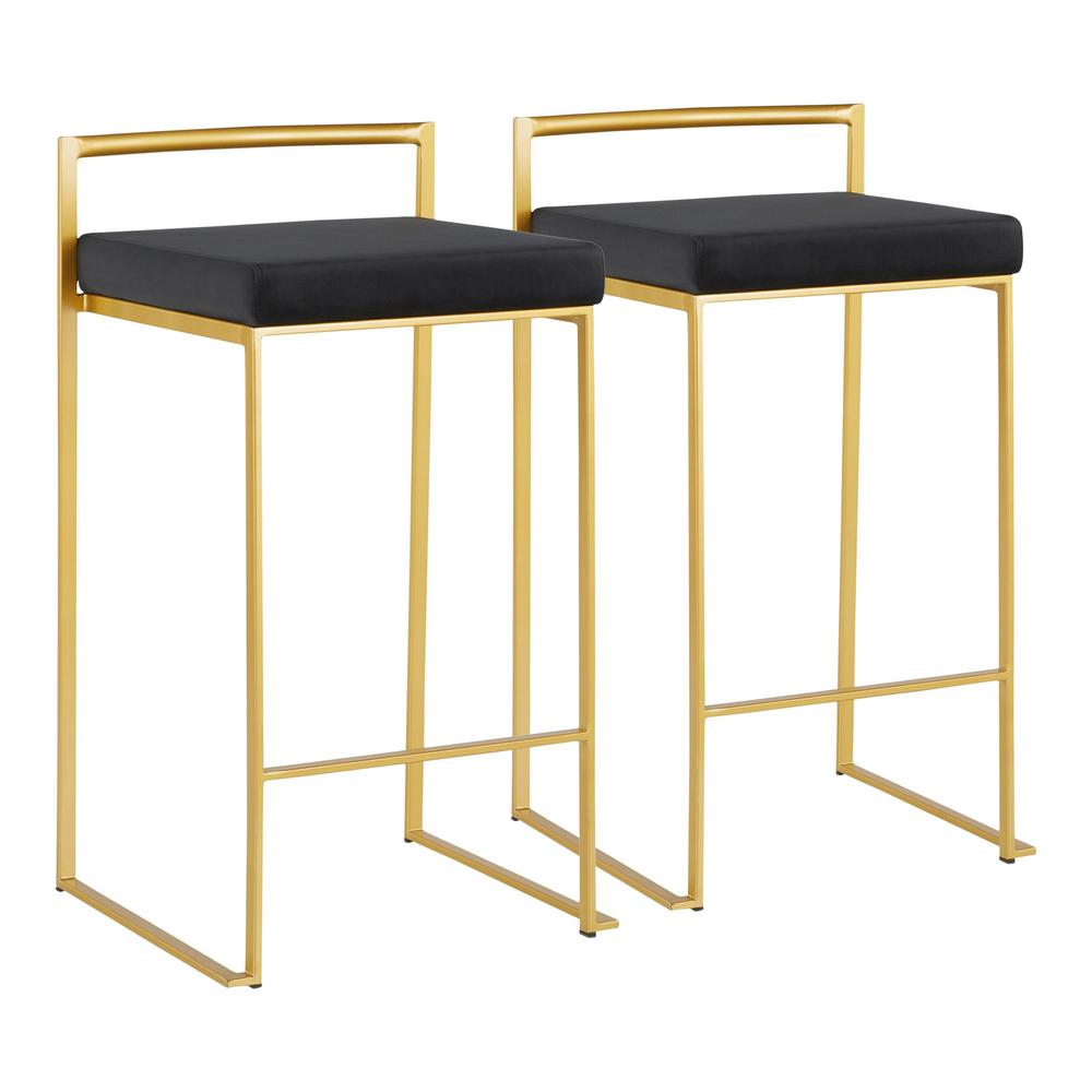 Fuji Contemporary Counter Stool in Gold with Black Velvet Cushion - Set of 2. Picture 1