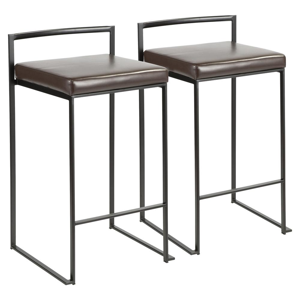 Fuji Contemporary Stackable Counter Stool in Black with Brown Faux Leather Cushion - Set of 2. Picture 1
