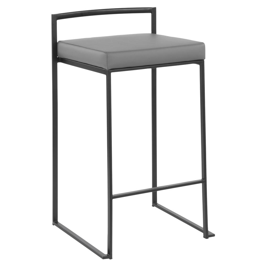 Fuji Contemporary Stackable Counter Stool in Black with Grey Faux Leather Cushion - Set of 2. Picture 2