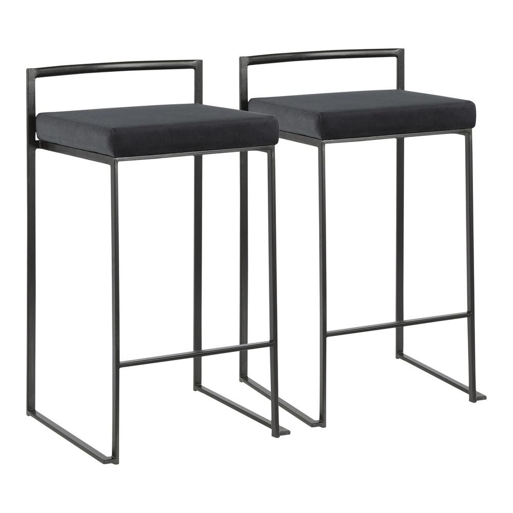 Fuji Contemporary Stackable Counter Stool in Black with Black Velvet Cushion - Set of 2. Picture 1