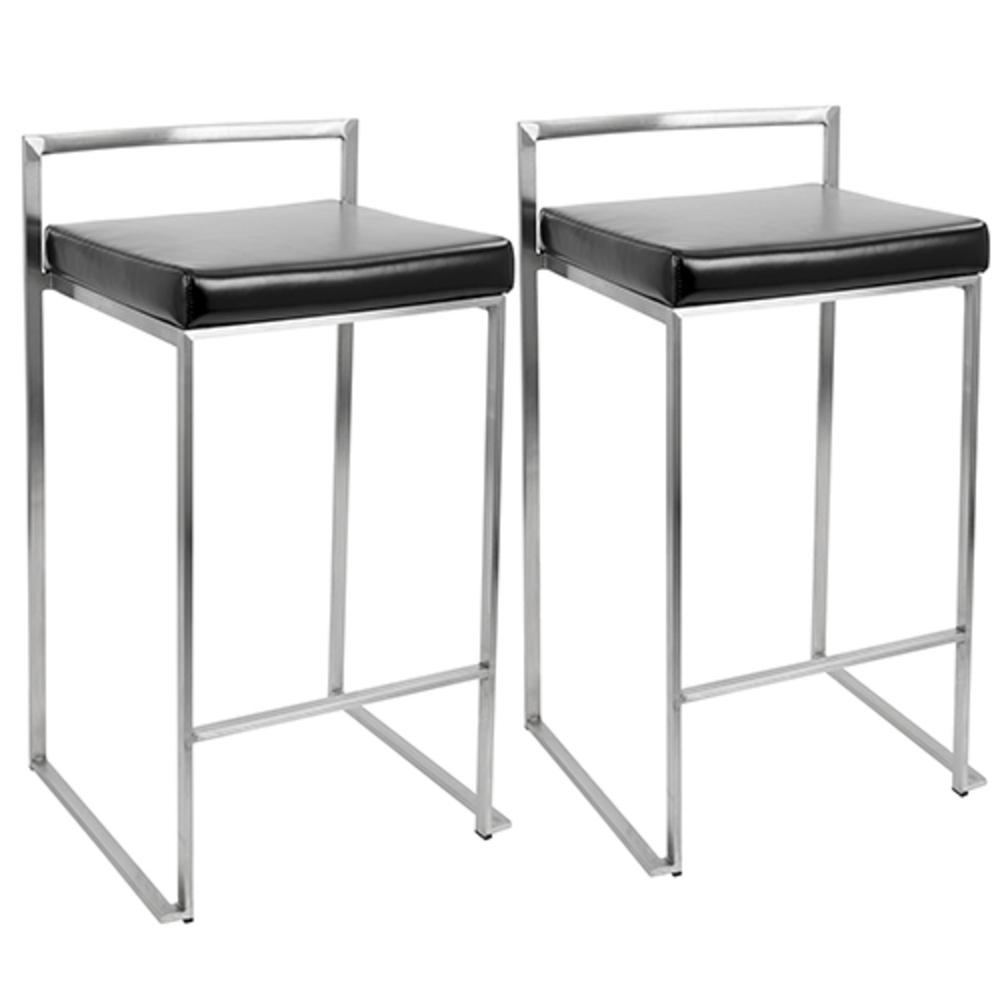 Fuji Contemporary Stackable Counter Stool in Black Faux Leather - Set of 2. Picture 1