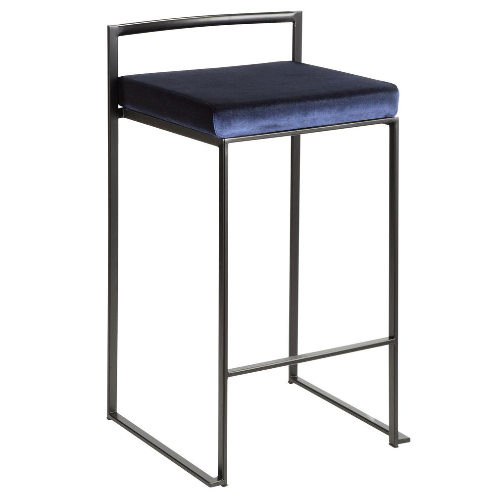 Fuji Contemporary Stackable Counter Stool in Black with Blue Velvet Cushion - Set of 2. Picture 2