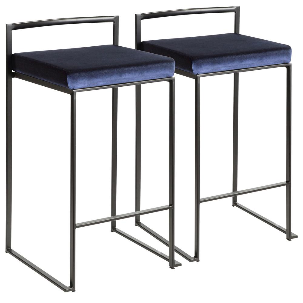 Fuji Contemporary Stackable Counter Stool in Black with Blue Velvet Cushion - Set of 2. Picture 1