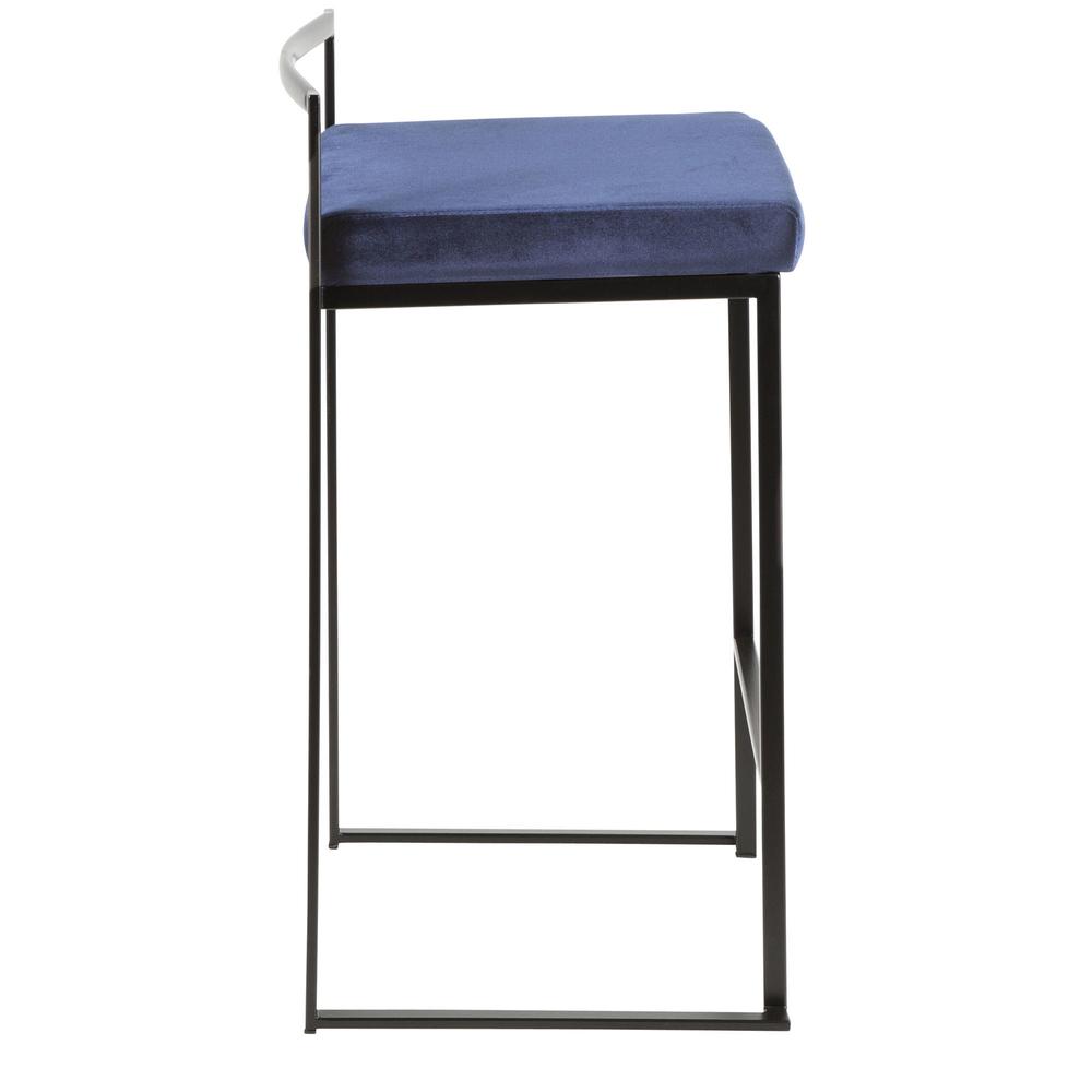 Fuji Contemporary Stackable Counter Stool in Black with Blue Velvet Cushion - Set of 2. Picture 3